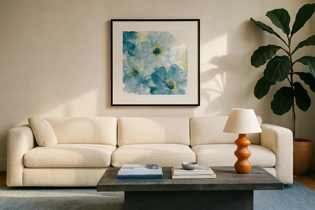 Seashell Cosmos II Blue and Yellow by Chris Paschke. Displayed in a glass frame with matte in a clean modern living room. Available as an archival giclee rolled canvas, fine art paper, or poster print. SKU 31296a.