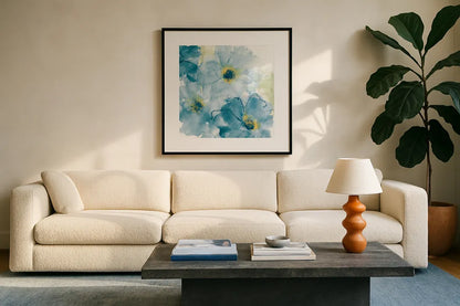Seashell Cosmos II Blue and Yellow by Chris Paschke. Displayed in a glass frame with matte in a clean modern living room. Available as an archival giclee rolled canvas, fine art paper, or poster print. SKU 31296a.