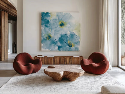 Seashell Cosmos II Blue and Yellow by Chris Paschke. Shown as extra-large giant wall art in a modern living room. Available as an archival giclee rolled canvas, fine art paper, or poster print. SKU 31296a.
