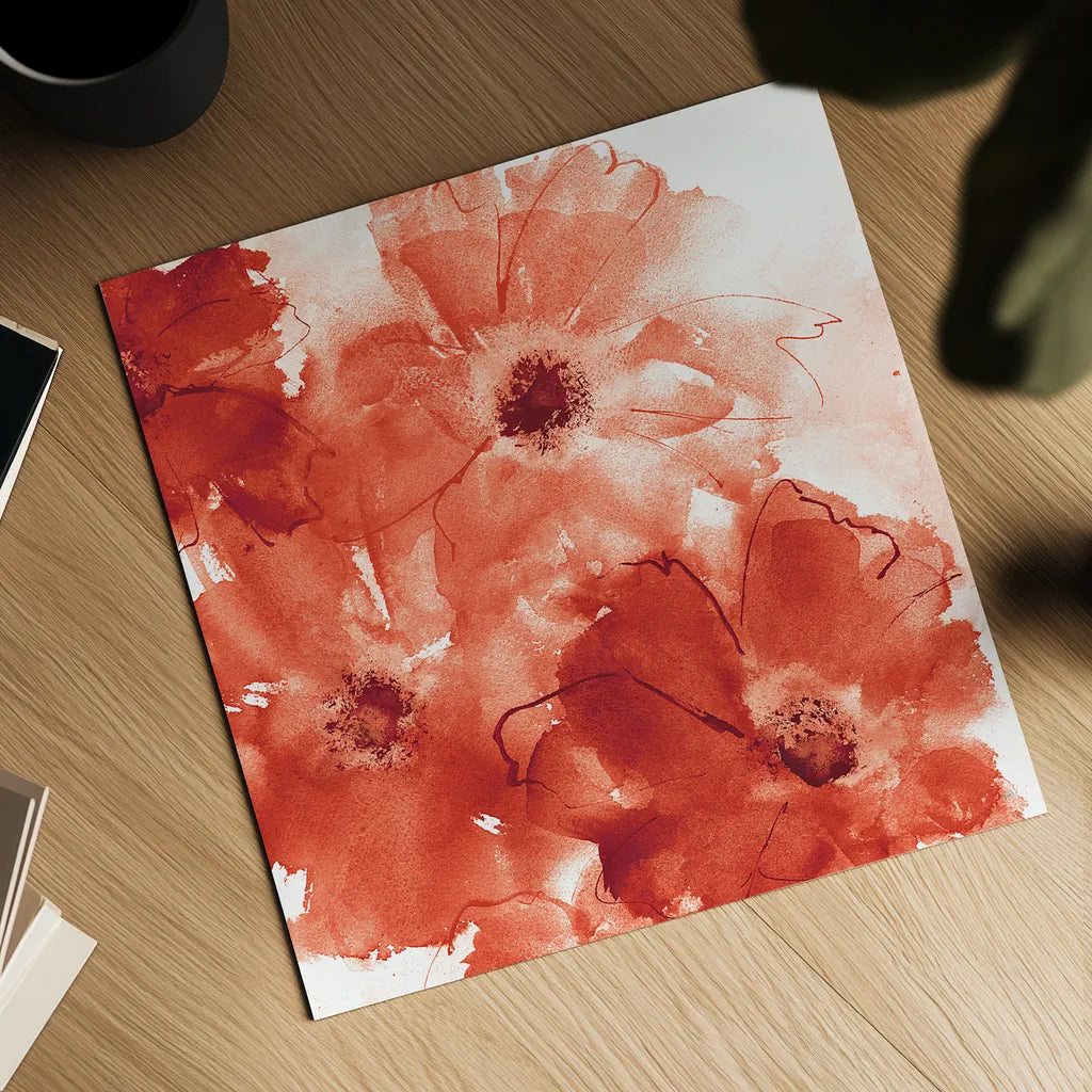 Seashell Cosmos II Red and Orange by Chris Paschke. Shown as a detailed flat fine art print, highlighting archival giclee quality. Available as an archival giclee rolled canvas, fine art paper, or poster print. SKU 31300a.