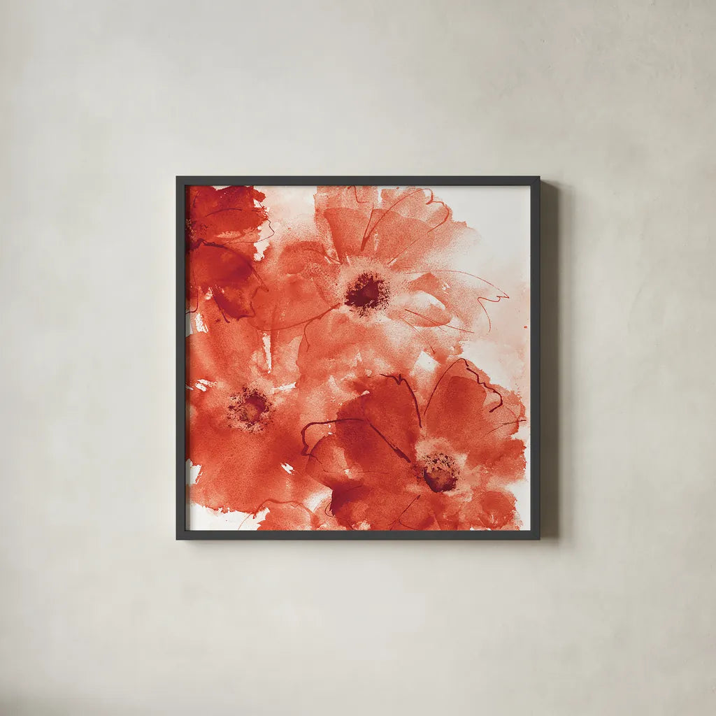 Seashell Cosmos II Red and Orange by Chris Paschke. Shown in a sleek black glass frame for a contemporary gallery look. Available as an archival giclee rolled canvas, fine art paper, or poster print. SKU 31300a.