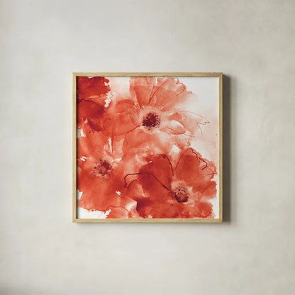 Seashell Cosmos II Red and Orange by Chris Paschke. Shown in a natural wood glass frame for a timeless modern aesthetic. Available as an archival giclee rolled canvas, fine art paper, or poster print. SKU 31300a.