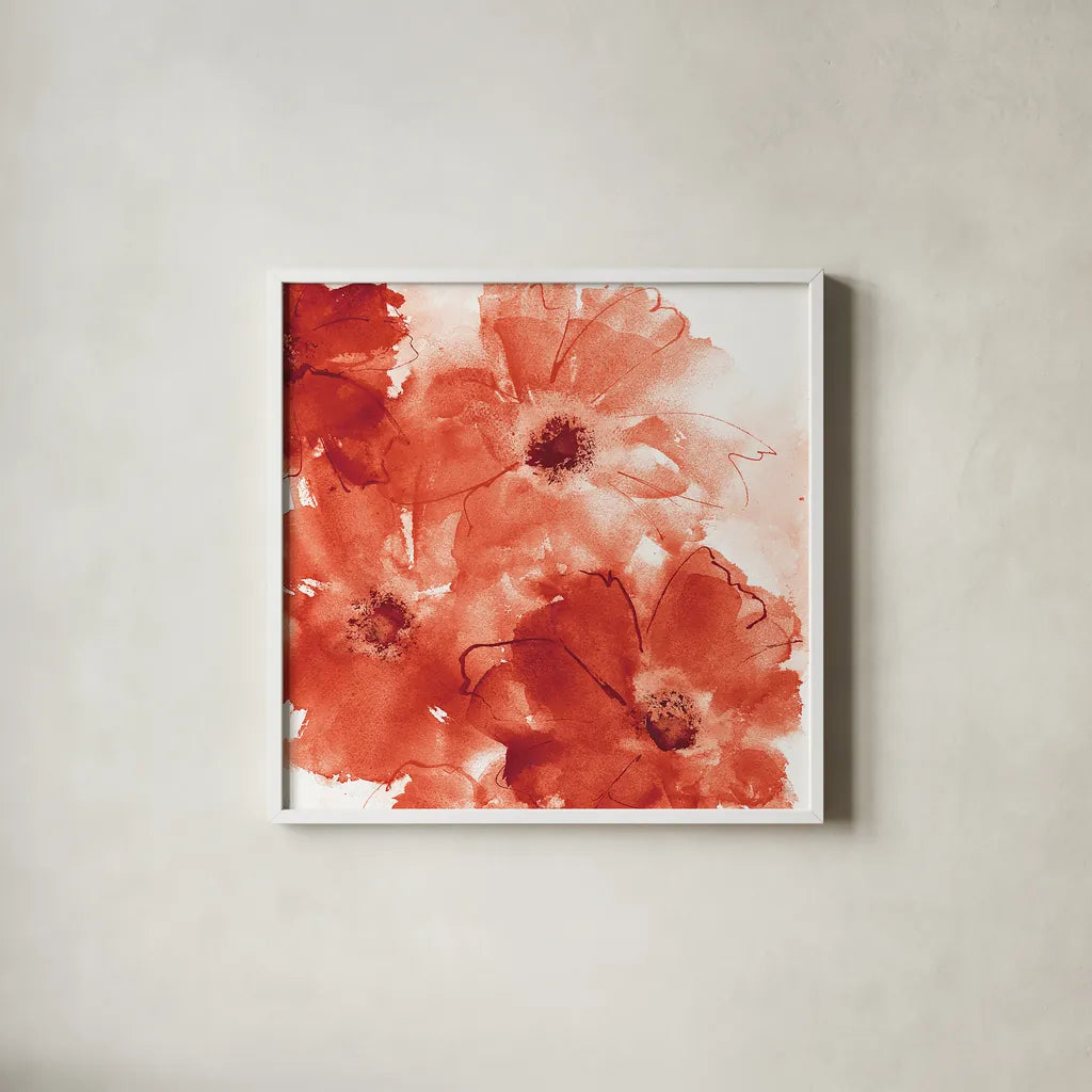 Seashell Cosmos II Red and Orange by Chris Paschke. Shown in a crisp white glass frame for a clean and minimalist style. Available as an archival giclee rolled canvas, fine art paper, or poster print. SKU 31300a.