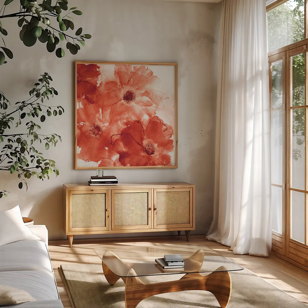 Seashell Cosmos II Red and Orange by Chris Paschke. Shown in a natural wood frame in a cozy modern living room. Available as an archival giclee rolled canvas, fine art paper, or poster print. SKU 31300a.