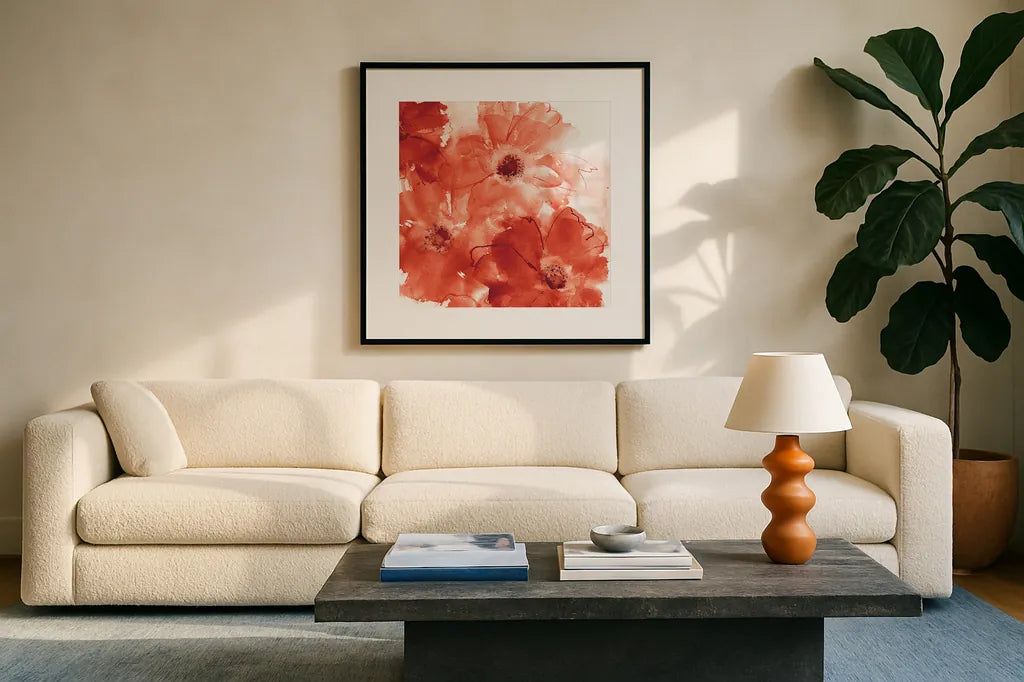 Seashell Cosmos II Red and Orange by Chris Paschke. Displayed in a glass frame with matte in a clean modern living room. Available as an archival giclee rolled canvas, fine art paper, or poster print. SKU 31300a.