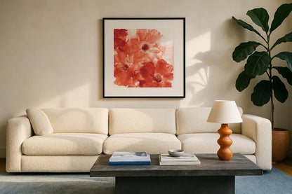 Seashell Cosmos II Red and Orange by Chris Paschke. Displayed in a glass frame with matte in a clean modern living room. Available as an archival giclee rolled canvas, fine art paper, or poster print. SKU 31300a.