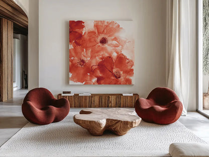 Seashell Cosmos II Red and Orange by Chris Paschke. Shown as extra-large giant wall art in a modern living room. Available as an archival giclee rolled canvas, fine art paper, or poster print. SKU 31300a.