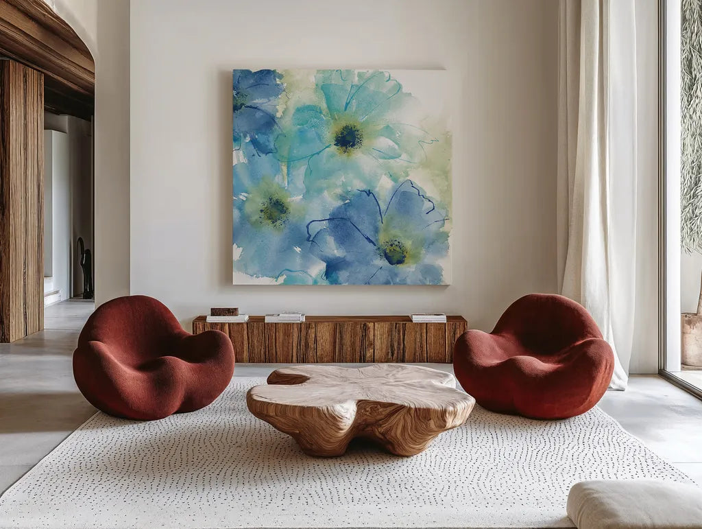 Seashell Cosmos II White by Chris Paschke. Shown as extra-large giant wall art in a modern living room. Available as an archival giclee rolled canvas, fine art paper, or poster print. SKU 31298a.