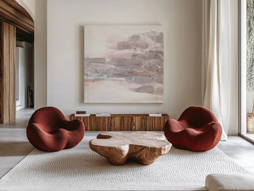 Secondary Abstractions V by Chris Paschke. Shown as extra-large giant wall art in a modern living room. Available as an archival giclee rolled canvas, fine art paper, or poster print. SKU 71893a.