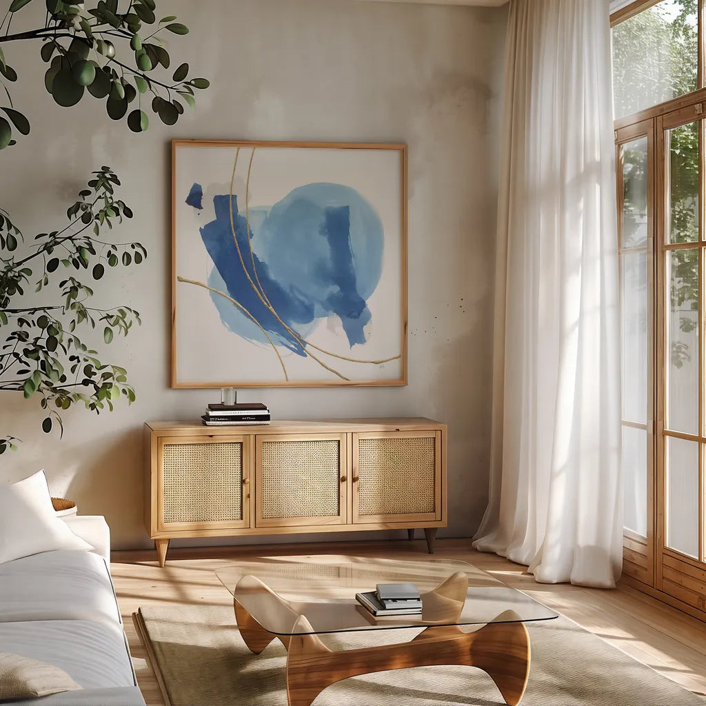 Serenity Mirage I by Chris Paschke. Shown in a natural wood frame in a cozy modern living room. Available as an archival giclee rolled canvas, fine art paper, or poster print. SKU 85753a.