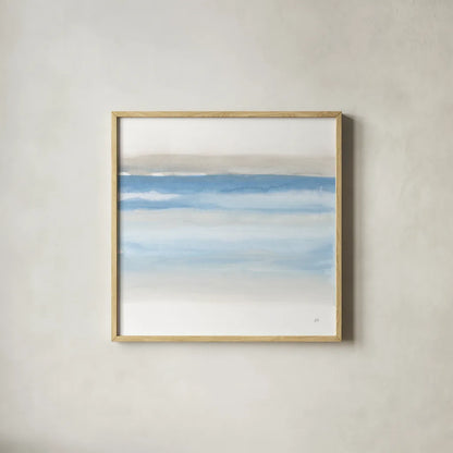 Serenity Sea II by Chris Paschke. Shown in a natural wood glass frame for a timeless modern aesthetic. Available as an archival giclee rolled canvas, fine art paper, or poster print. SKU 85756a.