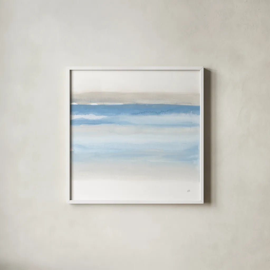 Serenity Sea II by Chris Paschke. Shown in a crisp white glass frame for a clean and minimalist style. Available as an archival giclee rolled canvas, fine art paper, or poster print. SKU 85756a.