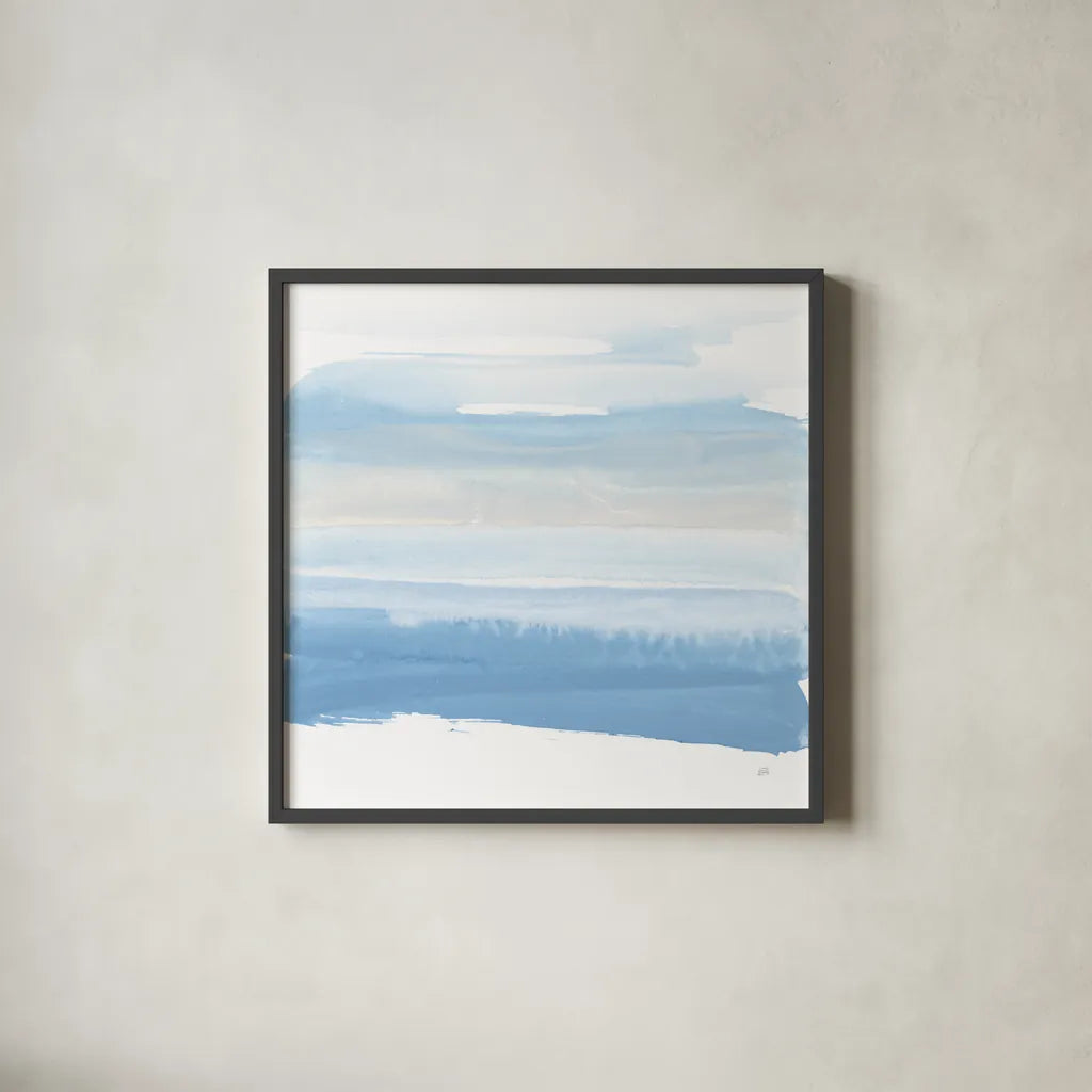 Serenity Sea III by Chris Paschke. Shown in a sleek black glass frame for a contemporary gallery look. Available as an archival giclee rolled canvas, fine art paper, or poster print. SKU 85757a.