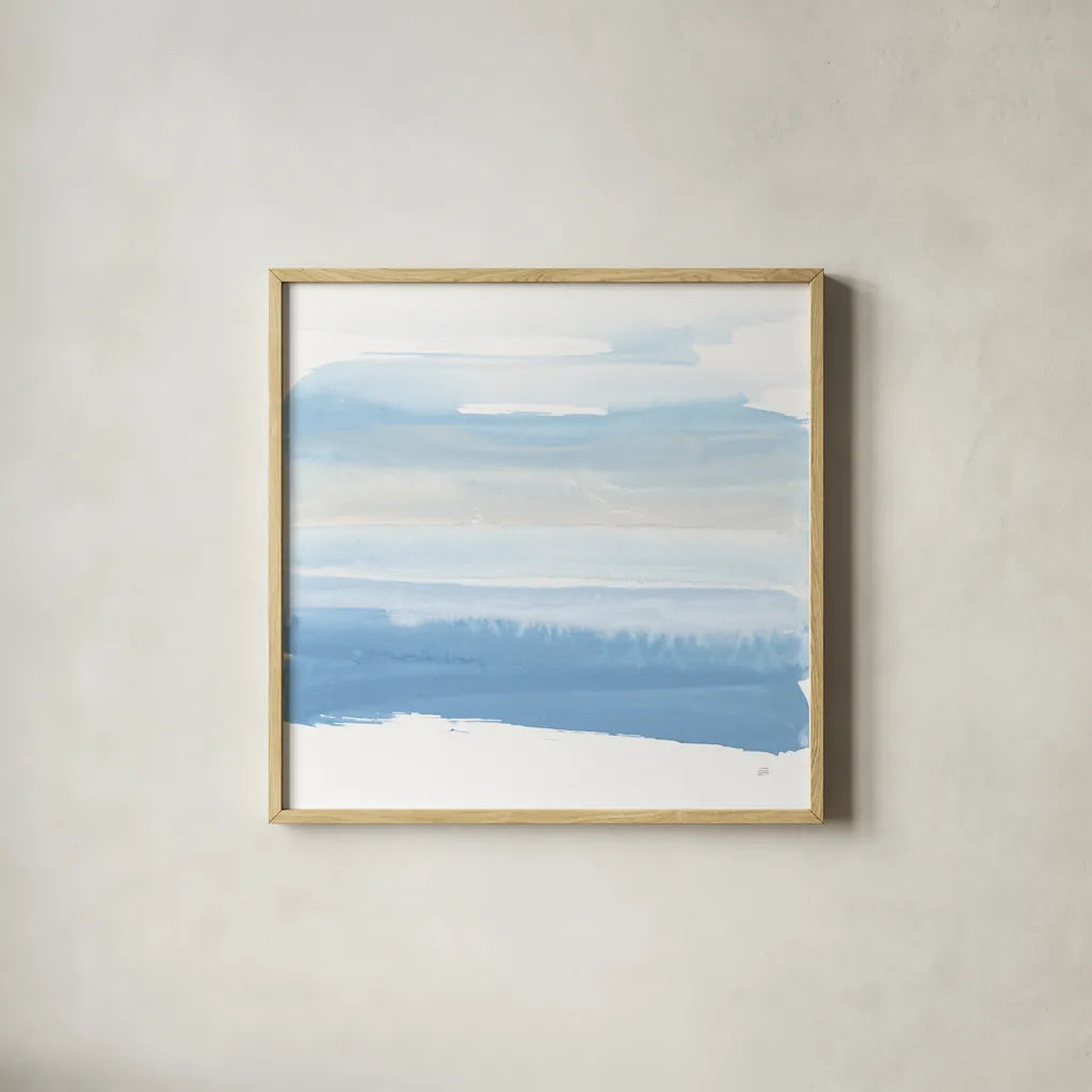Serenity Sea III by Chris Paschke. Shown in a natural wood glass frame for a timeless modern aesthetic. Available as an archival giclee rolled canvas, fine art paper, or poster print. SKU 85757a.