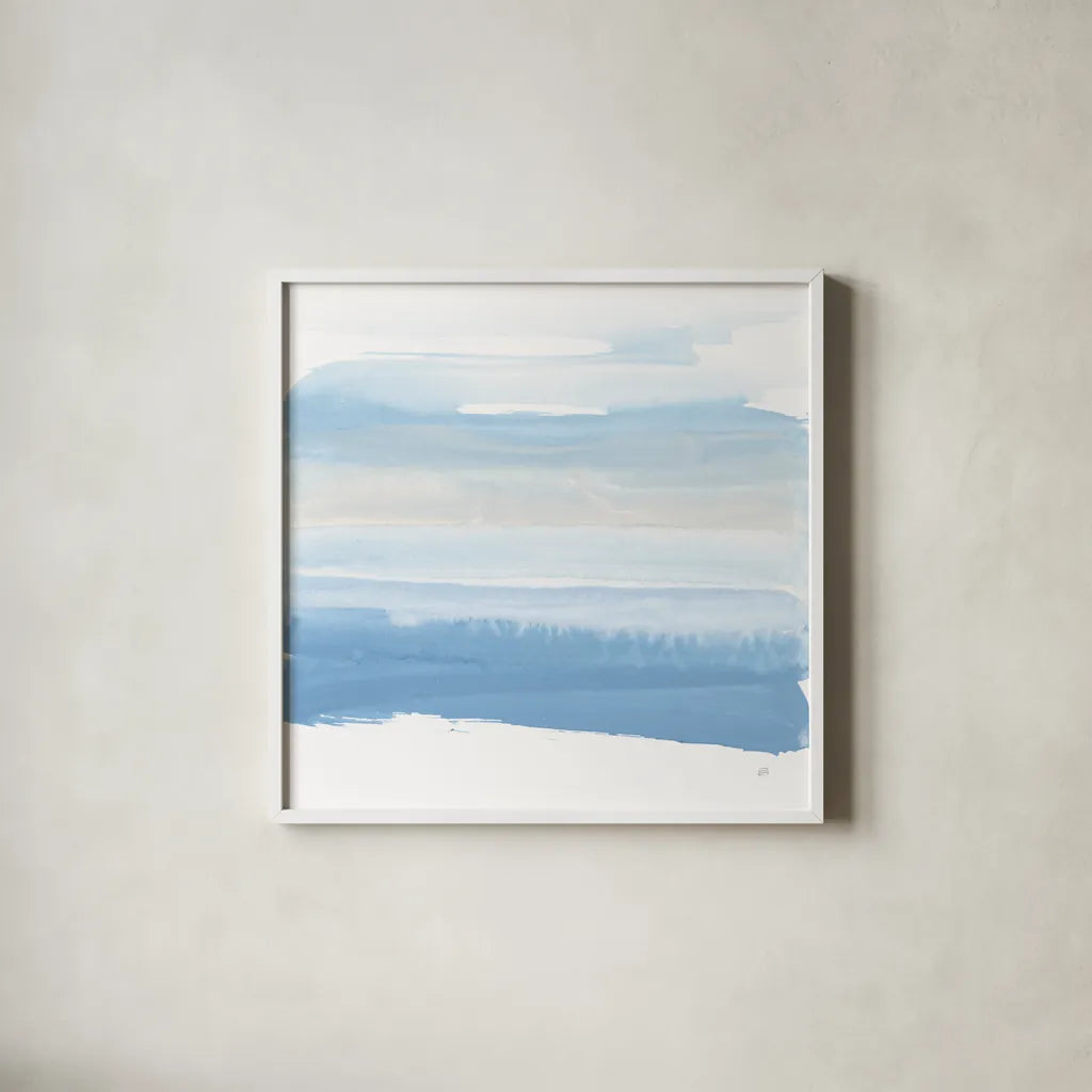 Serenity Sea III by Chris Paschke. Shown in a crisp white glass frame for a clean and minimalist style. Available as an archival giclee rolled canvas, fine art paper, or poster print. SKU 85757a.
