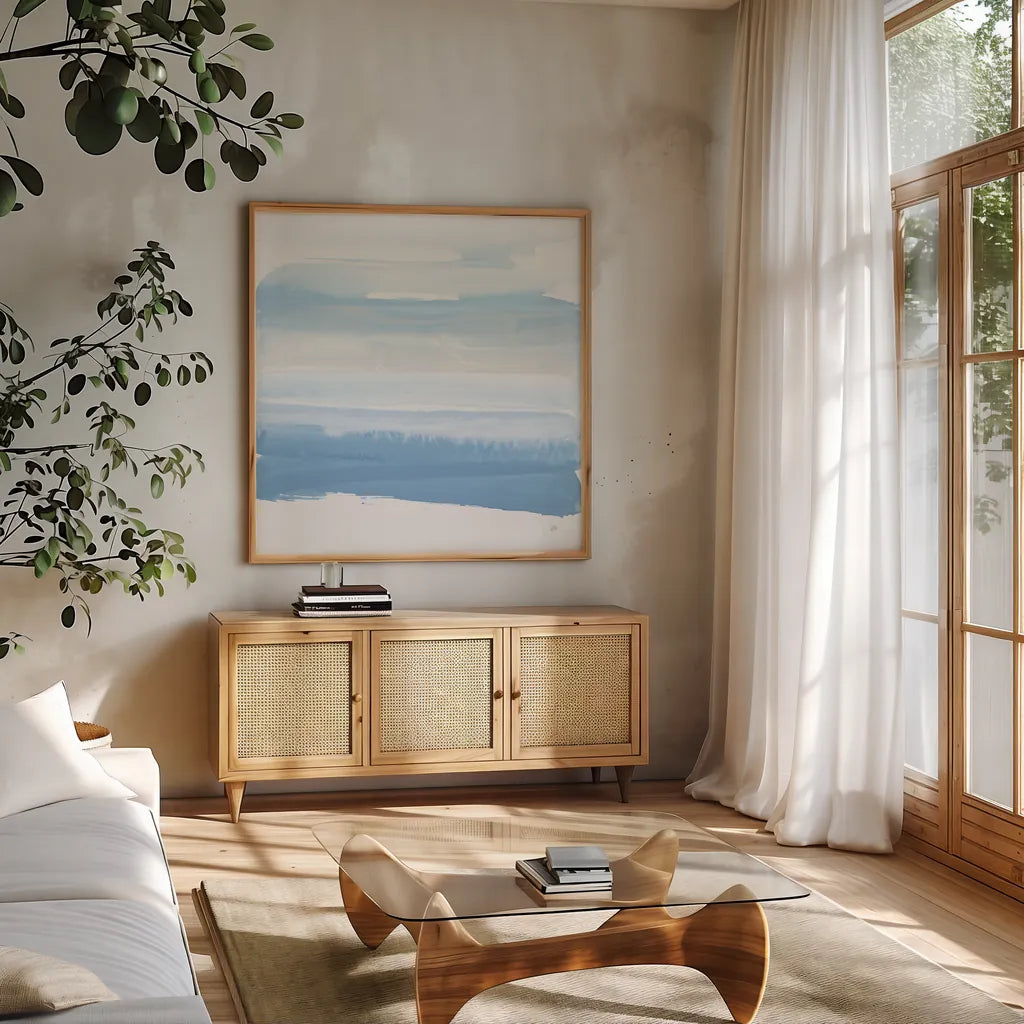 Serenity Sea III by Chris Paschke. Shown in a natural wood frame in a cozy modern living room. Available as an archival giclee rolled canvas, fine art paper, or poster print. SKU 85757a.