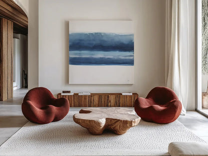 Serenity Sea V by Chris Paschke. Shown as extra-large giant wall art in a modern living room. Available as an archival giclee rolled canvas, fine art paper, or poster print. SKU 85759a.