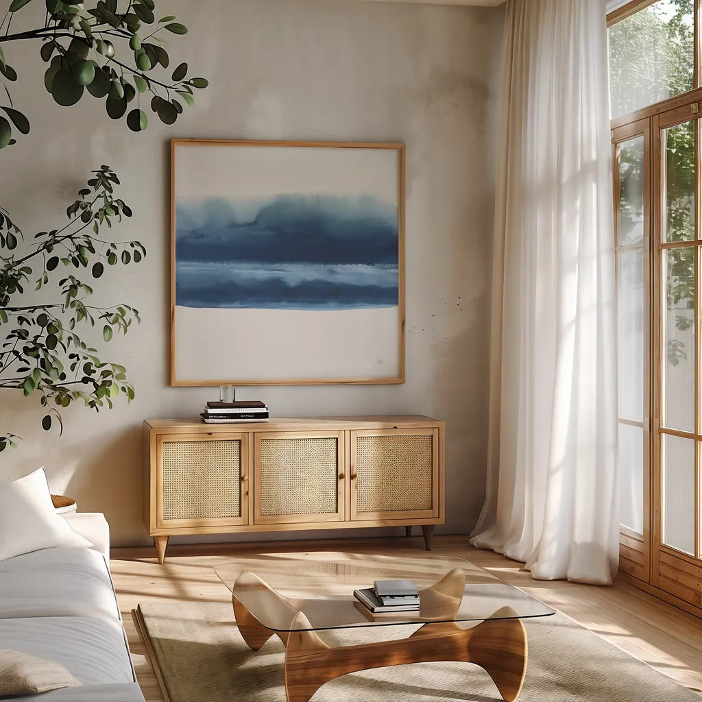 Serenity Sea VI by Chris Paschke. Shown in a natural wood frame in a cozy modern living room. Available as an archival giclee rolled canvas, fine art paper, or poster print. SKU 85760a.