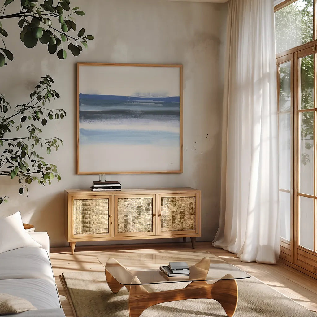 Shaded Blues IV by Chris Paschke. Shown in a natural wood frame in a cozy modern living room. Available as an archival giclee rolled canvas, fine art paper, or poster print. SKU 74377a.