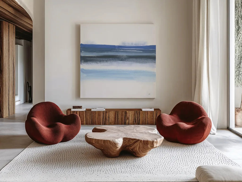 Shaded Blues IV by Chris Paschke. Shown as extra-large giant wall art in a modern living room. Available as an archival giclee rolled canvas, fine art paper, or poster print. SKU 74377a.