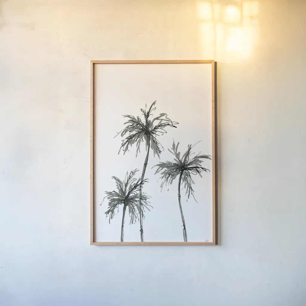 Shadow Palms I by Chris Paschke. shown as a paper print in a natural frame. Available as a archival giclee rolled canvas, fine art paper, or poster print. SKU 78870h.
