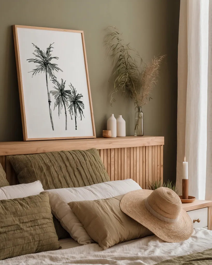 Shadow Palms II by Chris Paschke. shown as a paper print in a natural frame. Available as a archival giclee rolled canvas, fine art paper, or poster print. SKU 78871h.