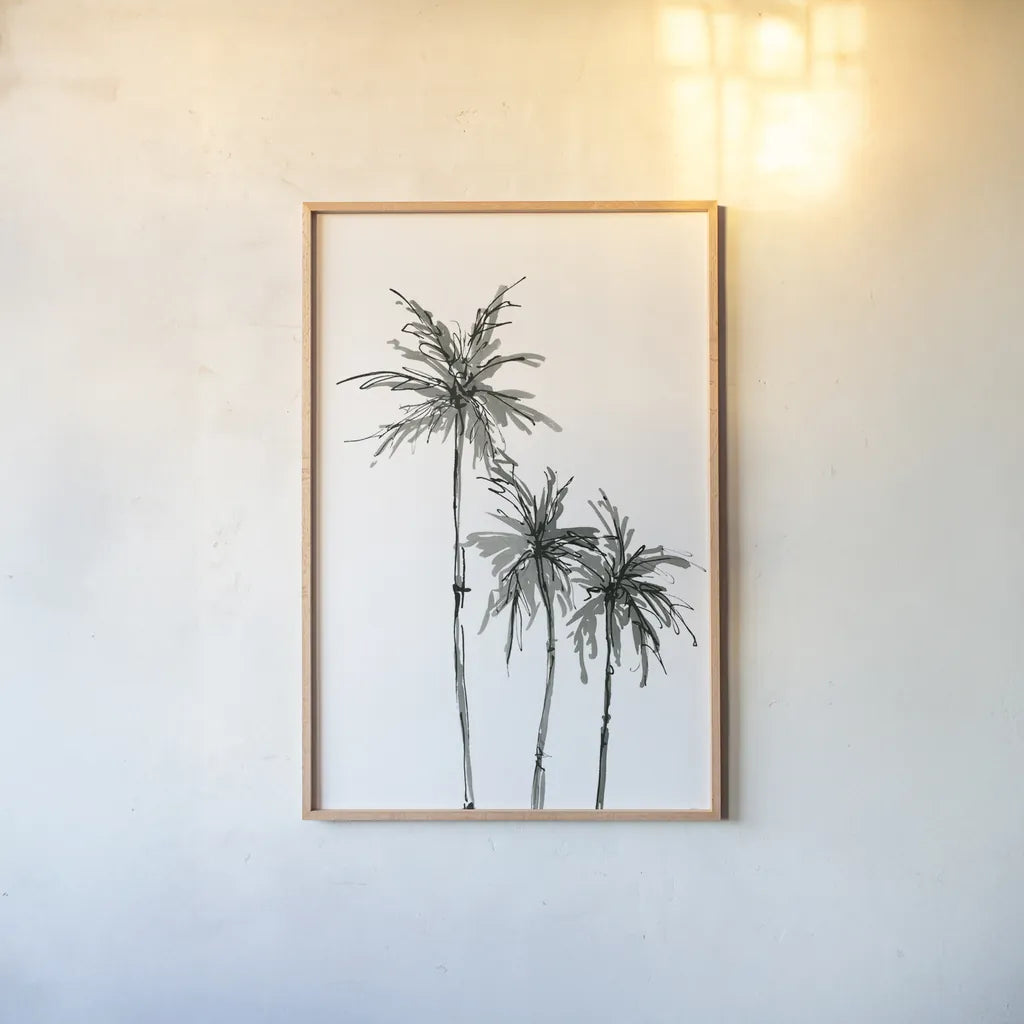 Shadow Palms II by Chris Paschke. shown as a paper print in a natural frame. Available as a archival giclee rolled canvas, fine art paper, or poster print. SKU 78871h.
