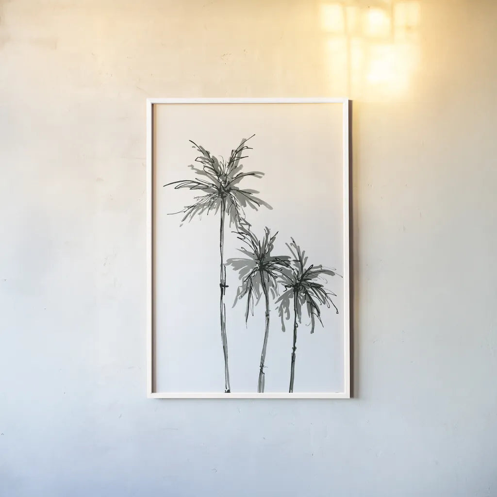Shadow Palms II by Chris Paschke. shown as a paper print in a white frame. Available as a archival giclee rolled canvas, fine art paper, or poster print. SKU 78871h.