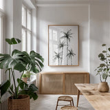 Shadow Palms III by Chris Paschke. shown as a print in a natural wood frame in a dining room. Available as a archival giclee rolled canvas, fine art paper, or poster print. SKU 78872h.