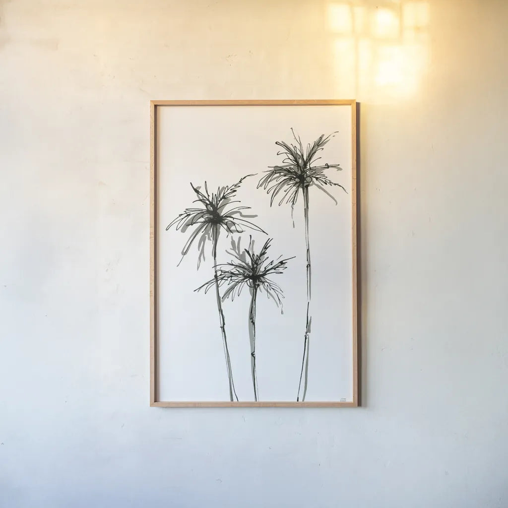 Shadow Palms IV by Chris Paschke. shown as a paper print in a natural frame. Available as a archival giclee rolled canvas, fine art paper, or poster print. SKU 78873h.