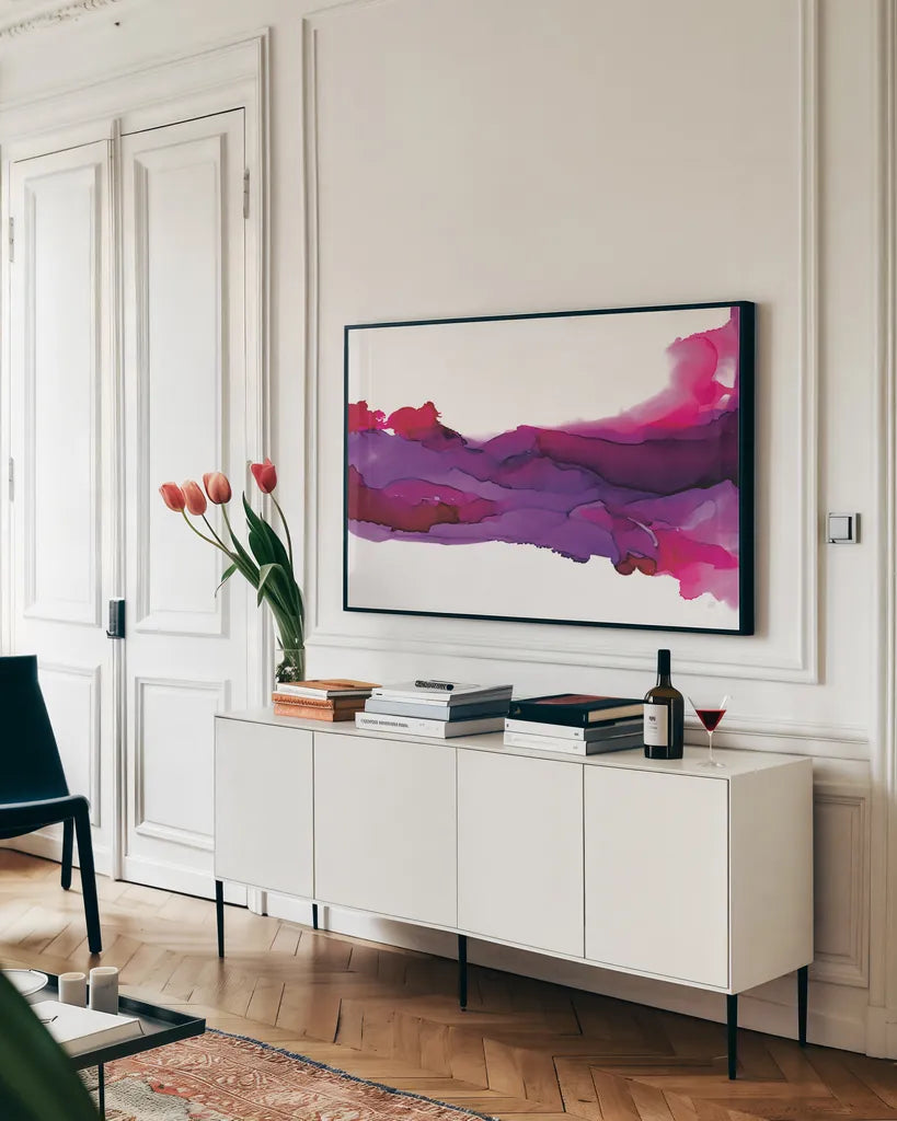 Shadows by Chris Paschke. shown as a framed stretched canvas in a living room above a console. Available as a archival giclee rolled canvas, fine art paper, or poster print. SKU 65429i.