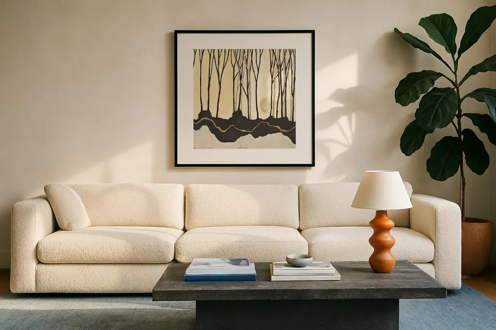 Silhouette V by Chris Paschke. Displayed in a glass frame with matte in a clean modern living room. Available as an archival giclee rolled canvas, fine art paper, or poster print. SKU 33315a.