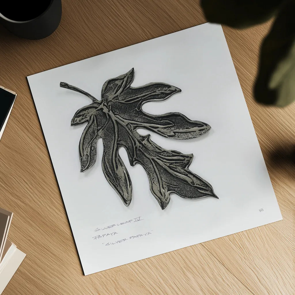 Silver Leaf Papay by Chris Paschke. Shown as a detailed flat fine art print, highlighting archival giclee quality. Available as an archival giclee rolled canvas, fine art paper, or poster print. SKU 36632a.