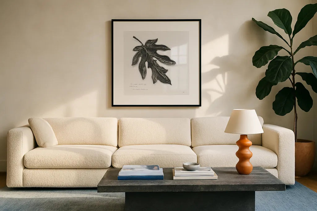 Silver Leaf Papay by Chris Paschke. Displayed in a glass frame with matte in a clean modern living room. Available as an archival giclee rolled canvas, fine art paper, or poster print. SKU 36632a.