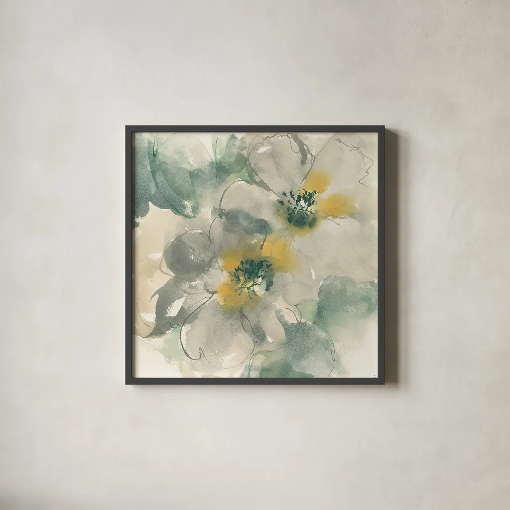 Silver Quince I by Chris Paschke. Shown in a sleek black glass frame for a contemporary gallery look. Available as an archival giclee rolled canvas, fine art paper, or poster print. SKU 24355a.