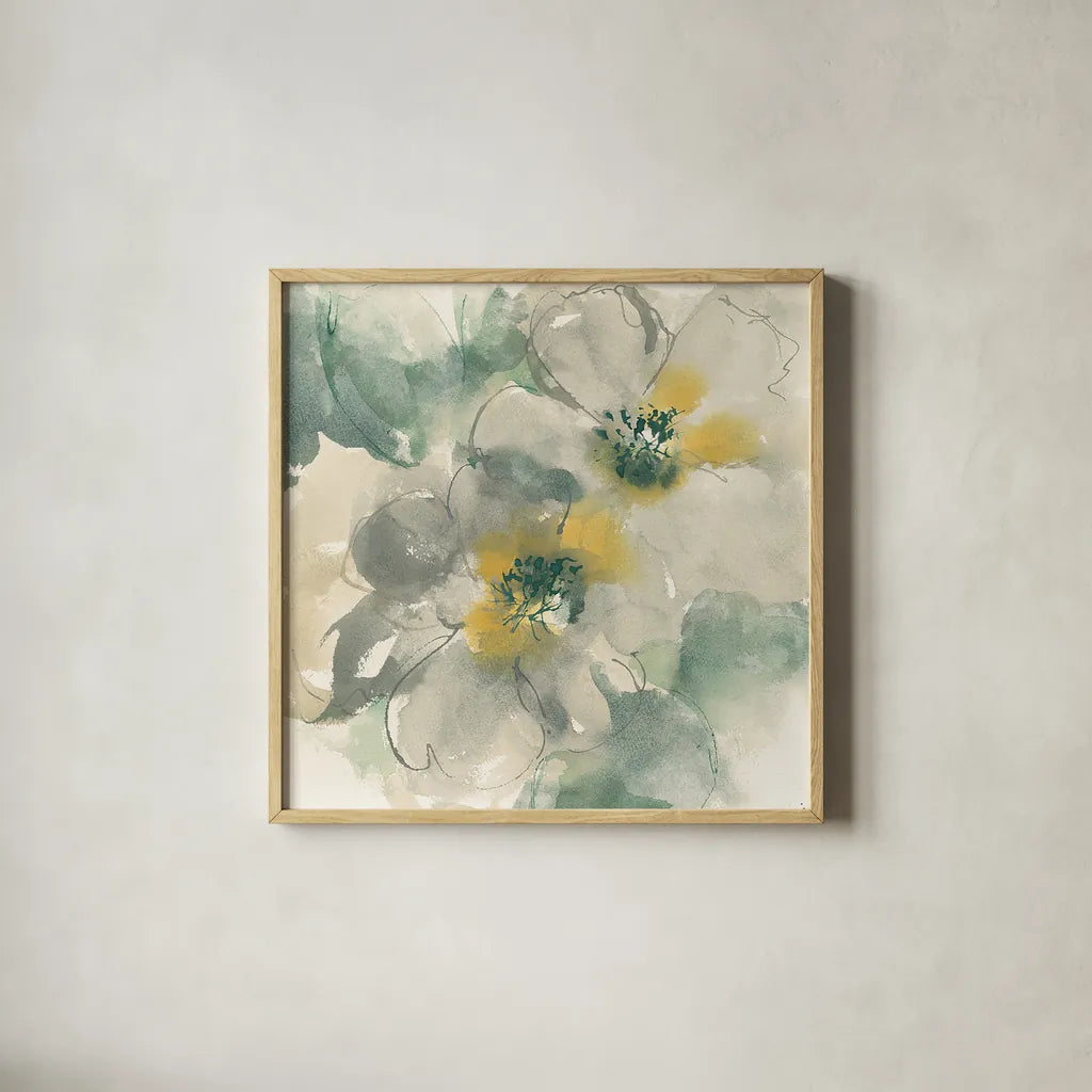 Silver Quince I by Chris Paschke. Shown in a natural wood glass frame for a timeless modern aesthetic. Available as an archival giclee rolled canvas, fine art paper, or poster print. SKU 24355a.