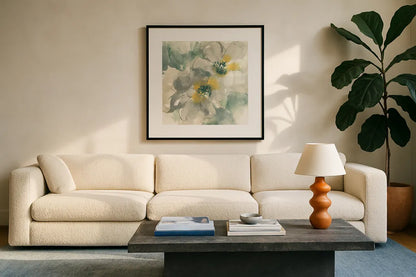Silver Quince I by Chris Paschke. Displayed in a glass frame with matte in a clean modern living room. Available as an archival giclee rolled canvas, fine art paper, or poster print. SKU 24355a.