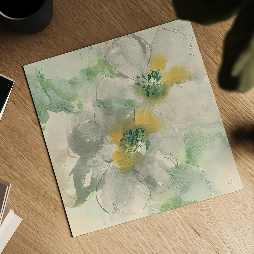 Silver Quince I Teal by Chris Paschke. Shown as a detailed flat fine art print, highlighting archival giclee quality. Available as an archival giclee rolled canvas, fine art paper, or poster print. SKU 26386a.