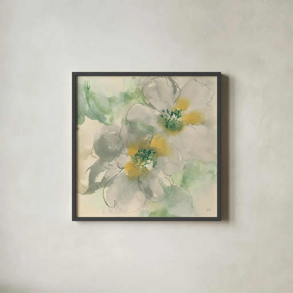 Silver Quince I Teal by Chris Paschke. Shown in a sleek black glass frame for a contemporary gallery look. Available as an archival giclee rolled canvas, fine art paper, or poster print. SKU 26386a.