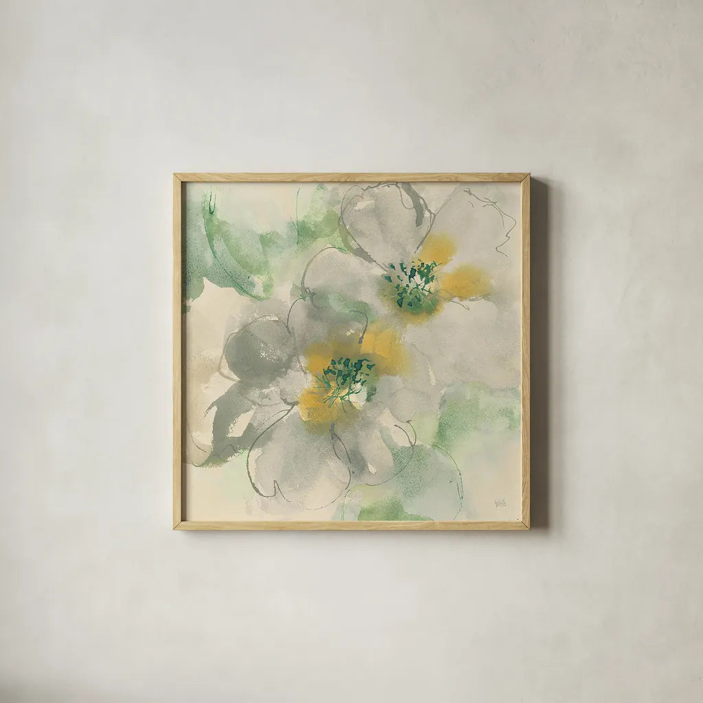 Silver Quince I Teal by Chris Paschke. Shown in a natural wood glass frame for a timeless modern aesthetic. Available as an archival giclee rolled canvas, fine art paper, or poster print. SKU 26386a.
