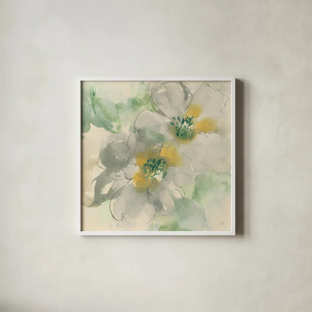 Silver Quince I Teal by Chris Paschke. Shown in a crisp white glass frame for a clean and minimalist style. Available as an archival giclee rolled canvas, fine art paper, or poster print. SKU 26386a.