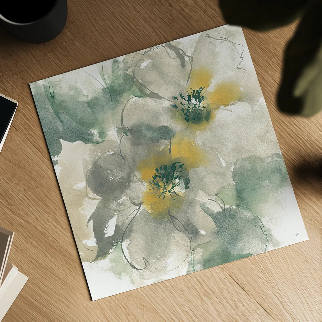 Silver Quince I on White by Chris Paschke. Shown as a detailed flat fine art print, highlighting archival giclee quality. Available as an archival giclee rolled canvas, fine art paper, or poster print. SKU 31319a.