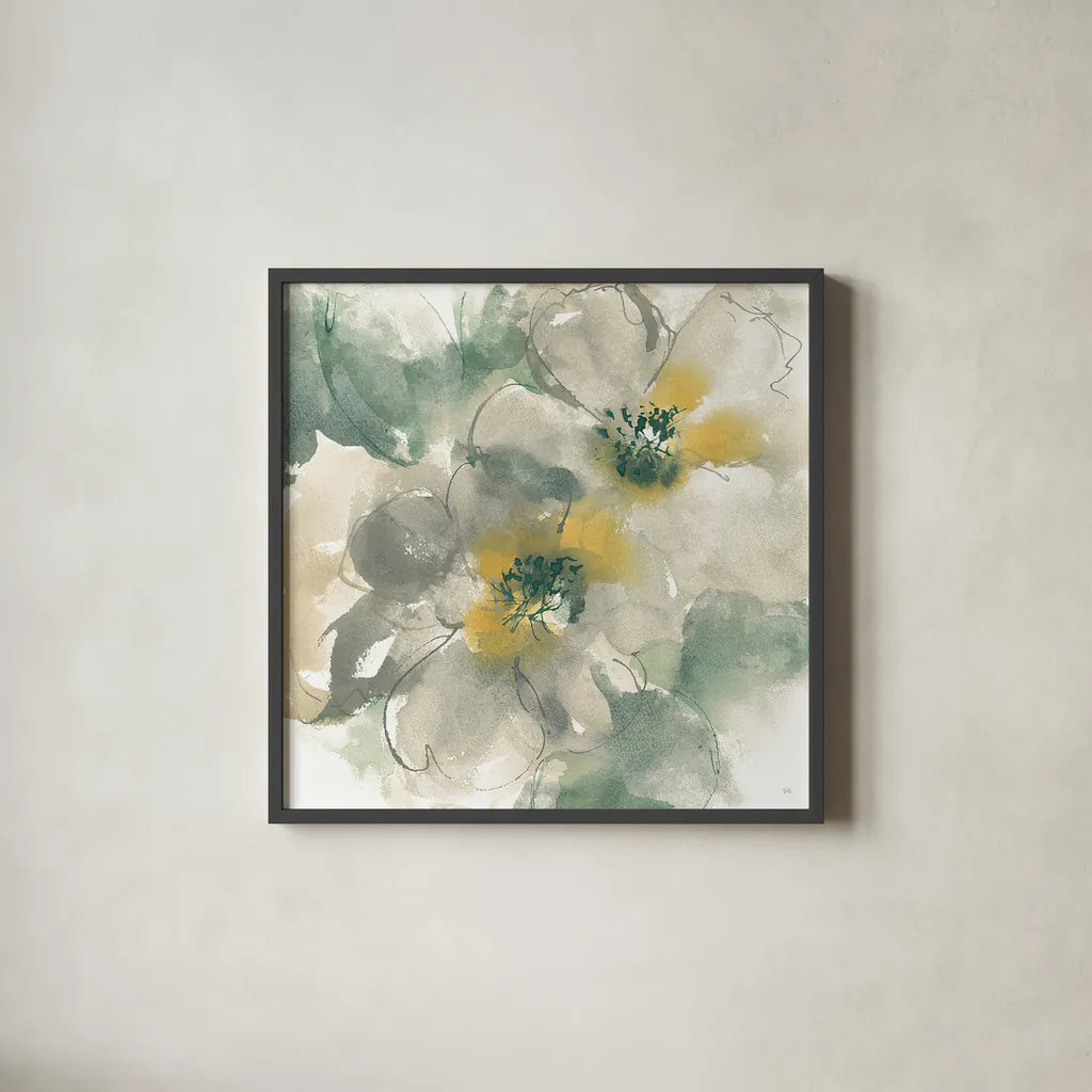 Silver Quince I on White by Chris Paschke. Shown in a sleek black glass frame for a contemporary gallery look. Available as an archival giclee rolled canvas, fine art paper, or poster print. SKU 31319a.