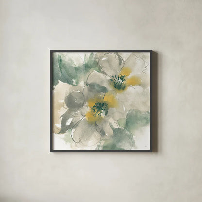 Silver Quince I on White by Chris Paschke. Shown in a sleek black glass frame for a contemporary gallery look. Available as an archival giclee rolled canvas, fine art paper, or poster print. SKU 31319a.
