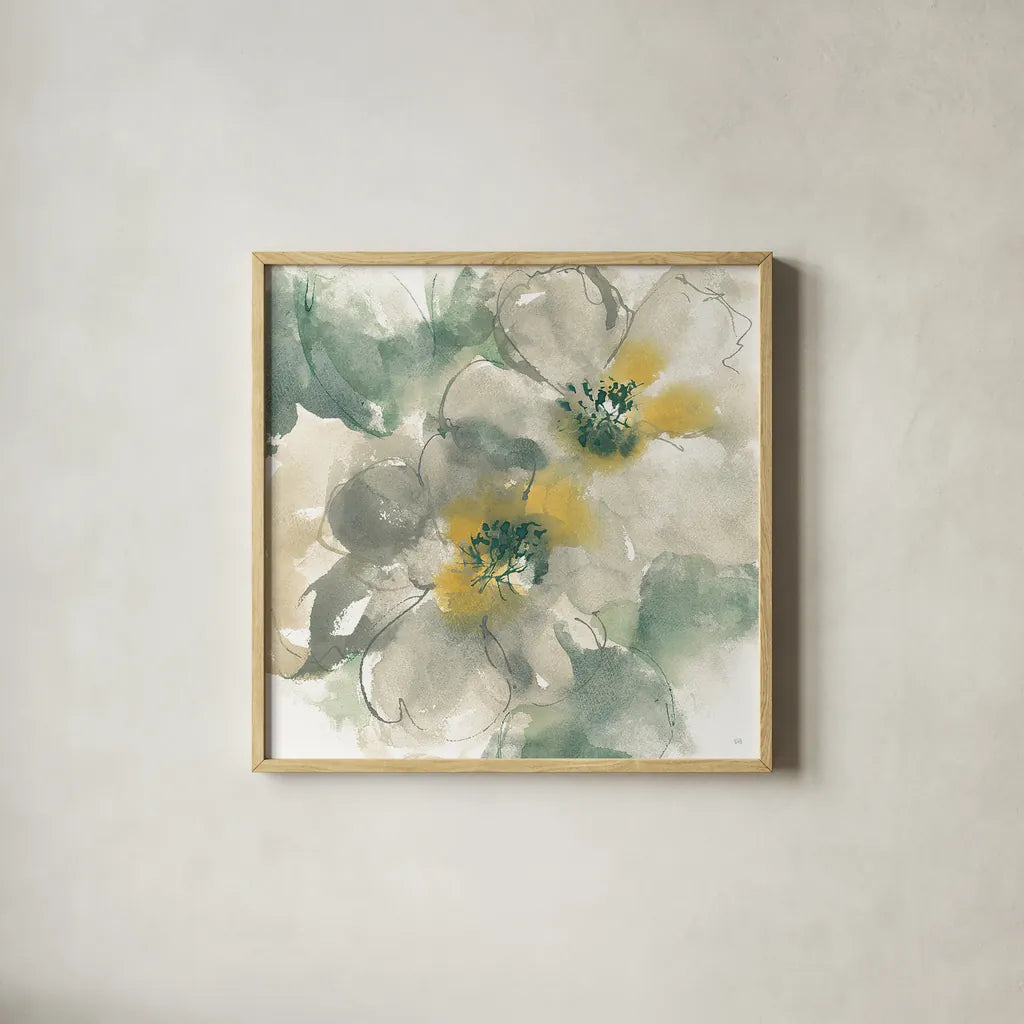 Silver Quince I on White by Chris Paschke. Shown in a natural wood glass frame for a timeless modern aesthetic. Available as an archival giclee rolled canvas, fine art paper, or poster print. SKU 31319a.