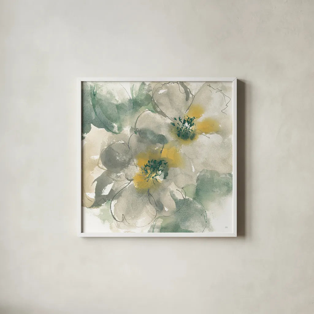 Silver Quince I on White by Chris Paschke. Shown in a crisp white glass frame for a clean and minimalist style. Available as an archival giclee rolled canvas, fine art paper, or poster print. SKU 31319a.