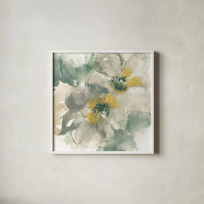 Silver Quince I on White by Chris Paschke. Shown in a crisp white glass frame for a clean and minimalist style. Available as an archival giclee rolled canvas, fine art paper, or poster print. SKU 31319a.