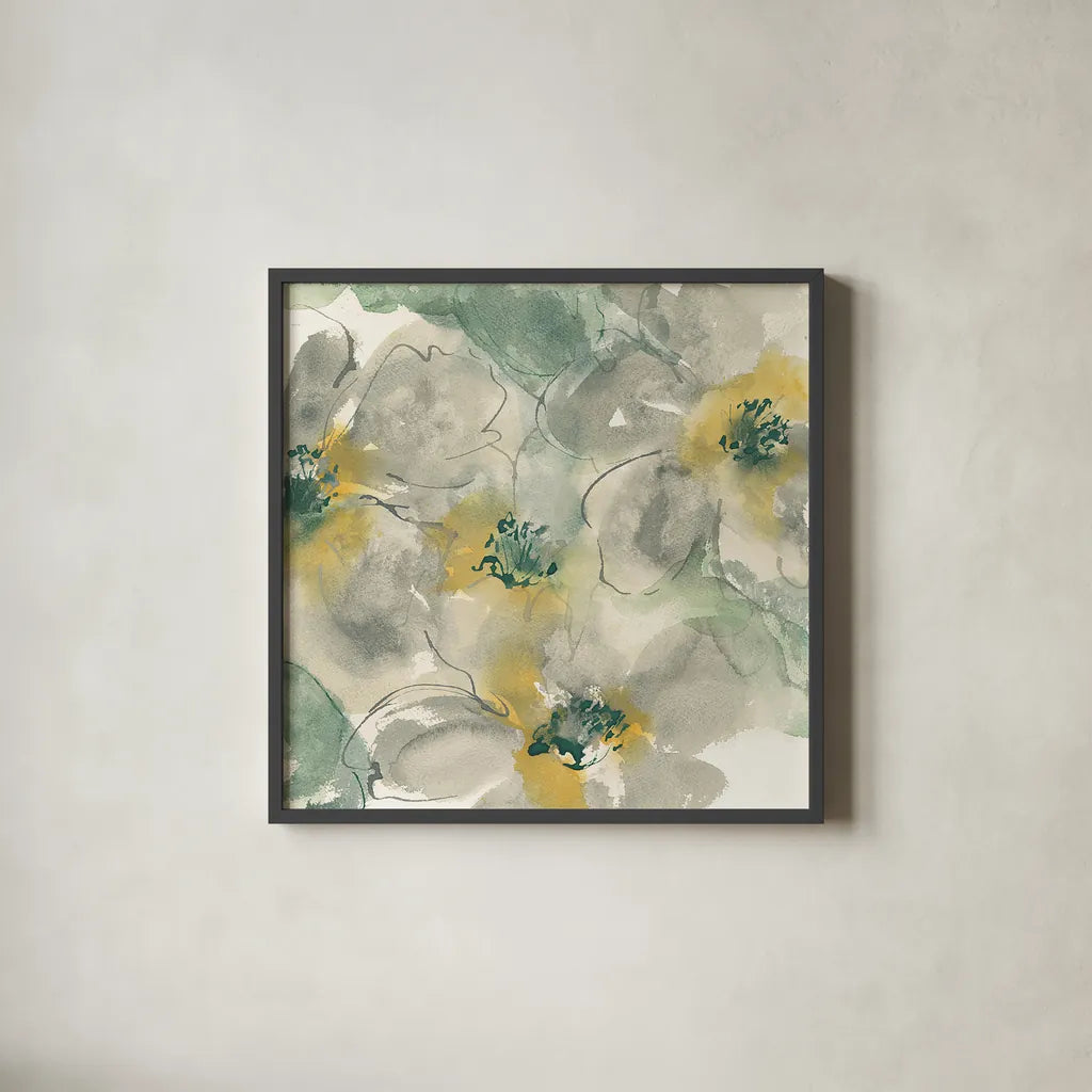 Silver Quince II by Chris Paschke. Shown in a sleek black glass frame for a contemporary gallery look. Available as an archival giclee rolled canvas, fine art paper, or poster print. SKU 24356a.