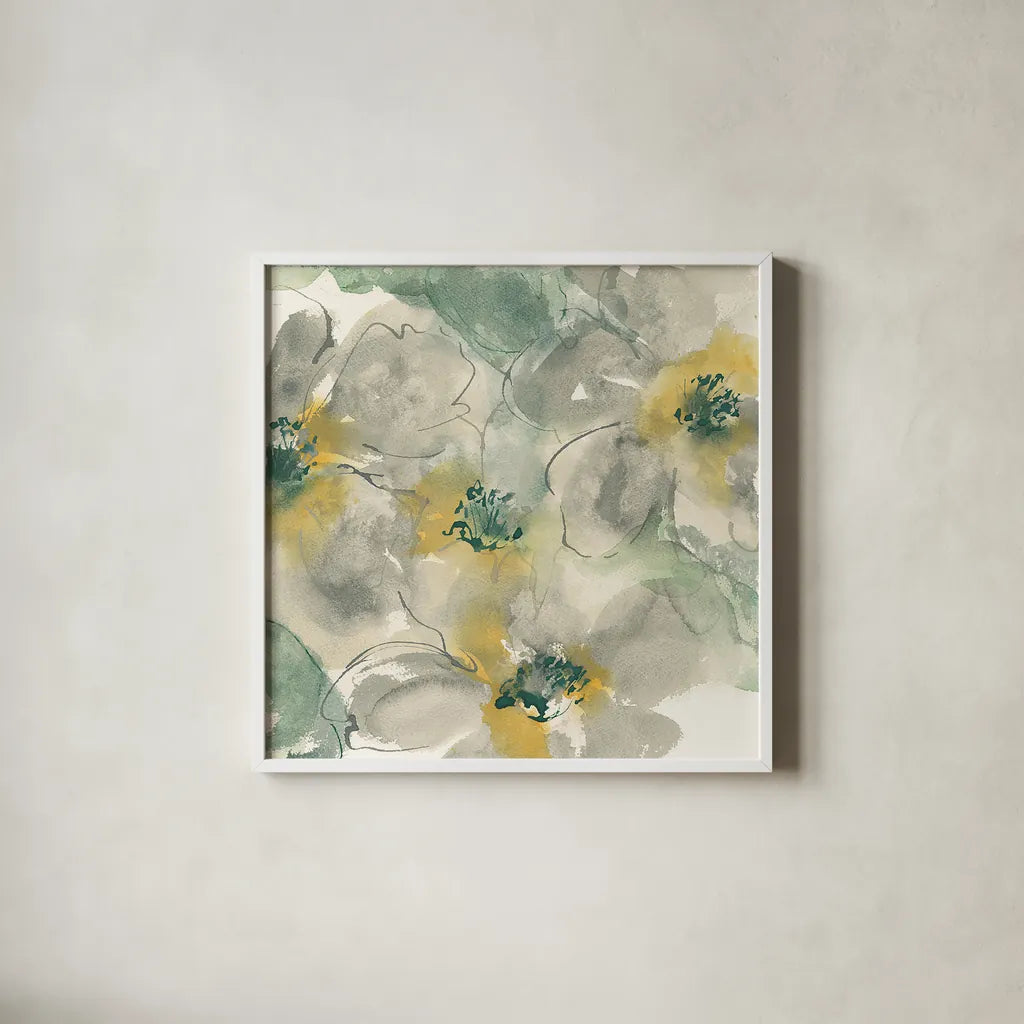 Silver Quince II by Chris Paschke. Shown in a crisp white glass frame for a clean and minimalist style. Available as an archival giclee rolled canvas, fine art paper, or poster print. SKU 24356a.