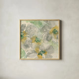 Silver Quince II Teal by Chris Paschke. Shown in a natural wood glass frame for a timeless modern aesthetic. Available as an archival giclee rolled canvas, fine art paper, or poster print. SKU 26387a.